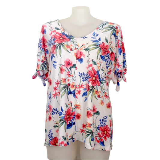 Autograph Floral Print Knot Sleeve Top with V-Neckline Size 22