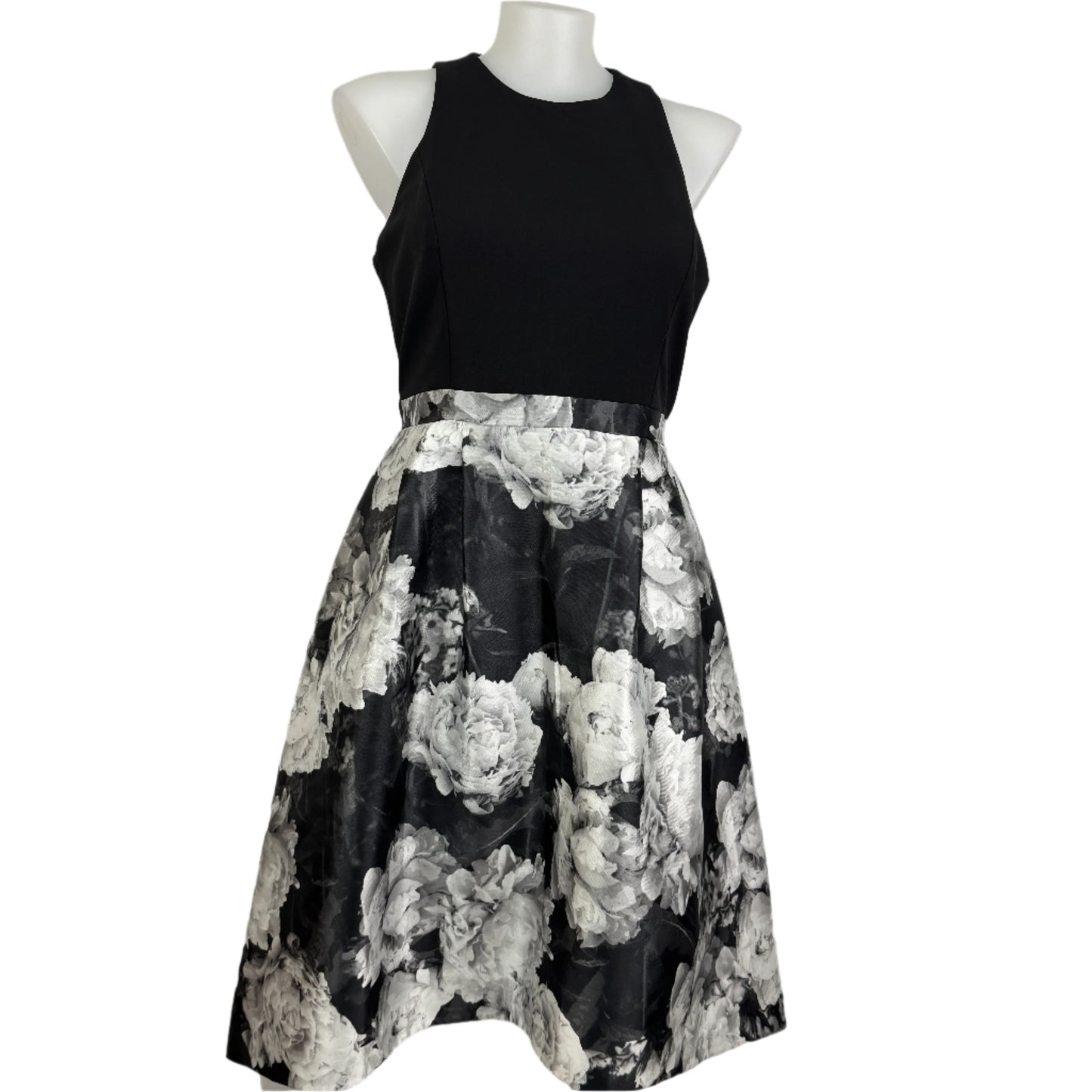 City Chic Black Bodice Dress with Monochrome Floral Skirt Size 16