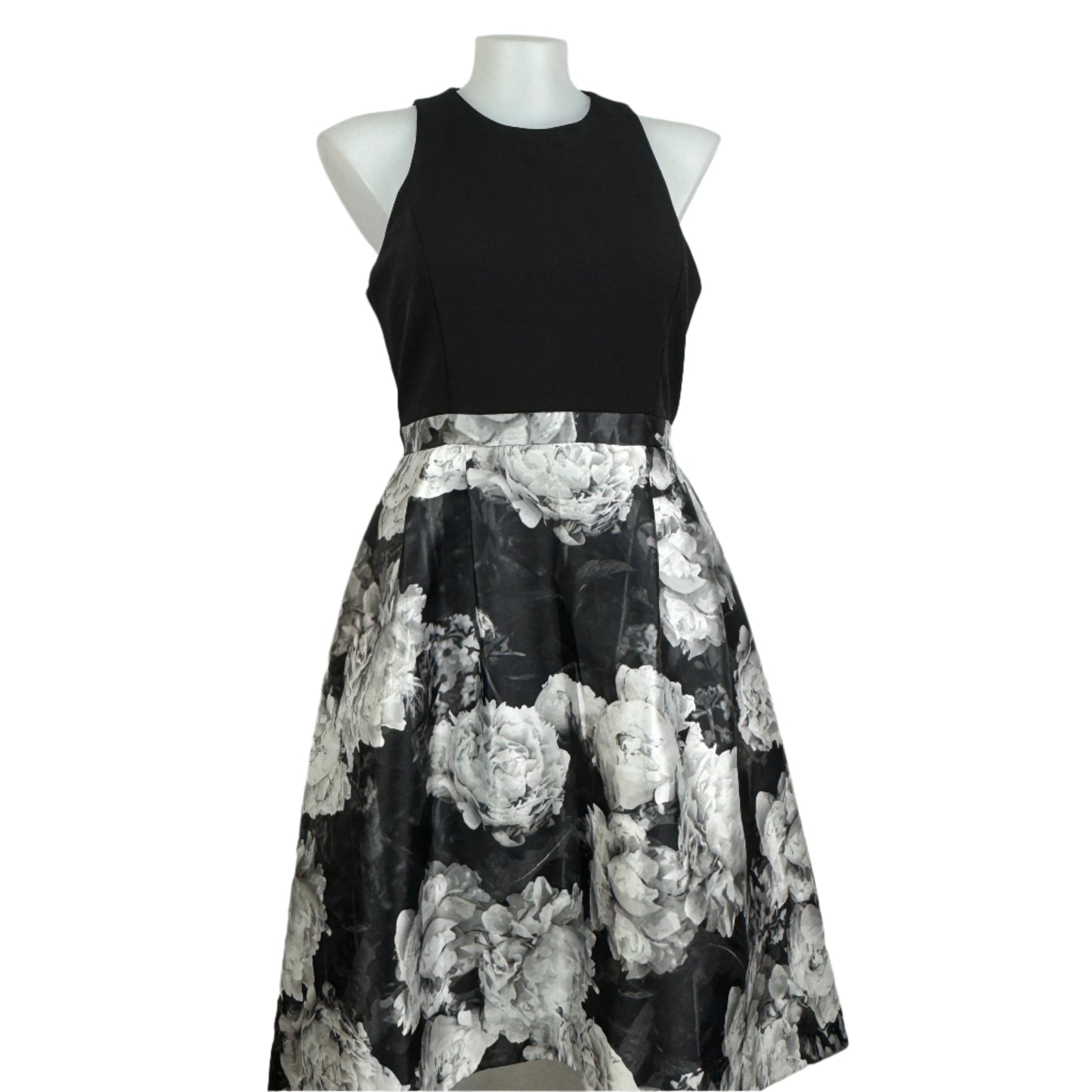 City Chic Black Bodice Dress with Monochrome Floral Skirt Size 16