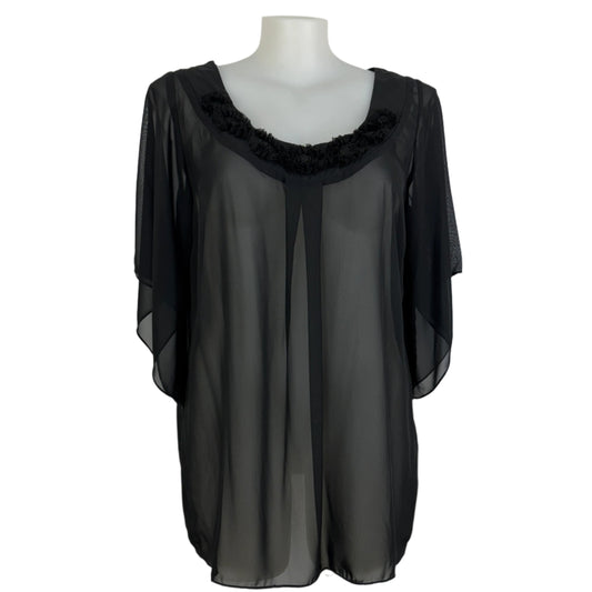 Sara Black Sheer Blouse with Rosette Detail Size 18