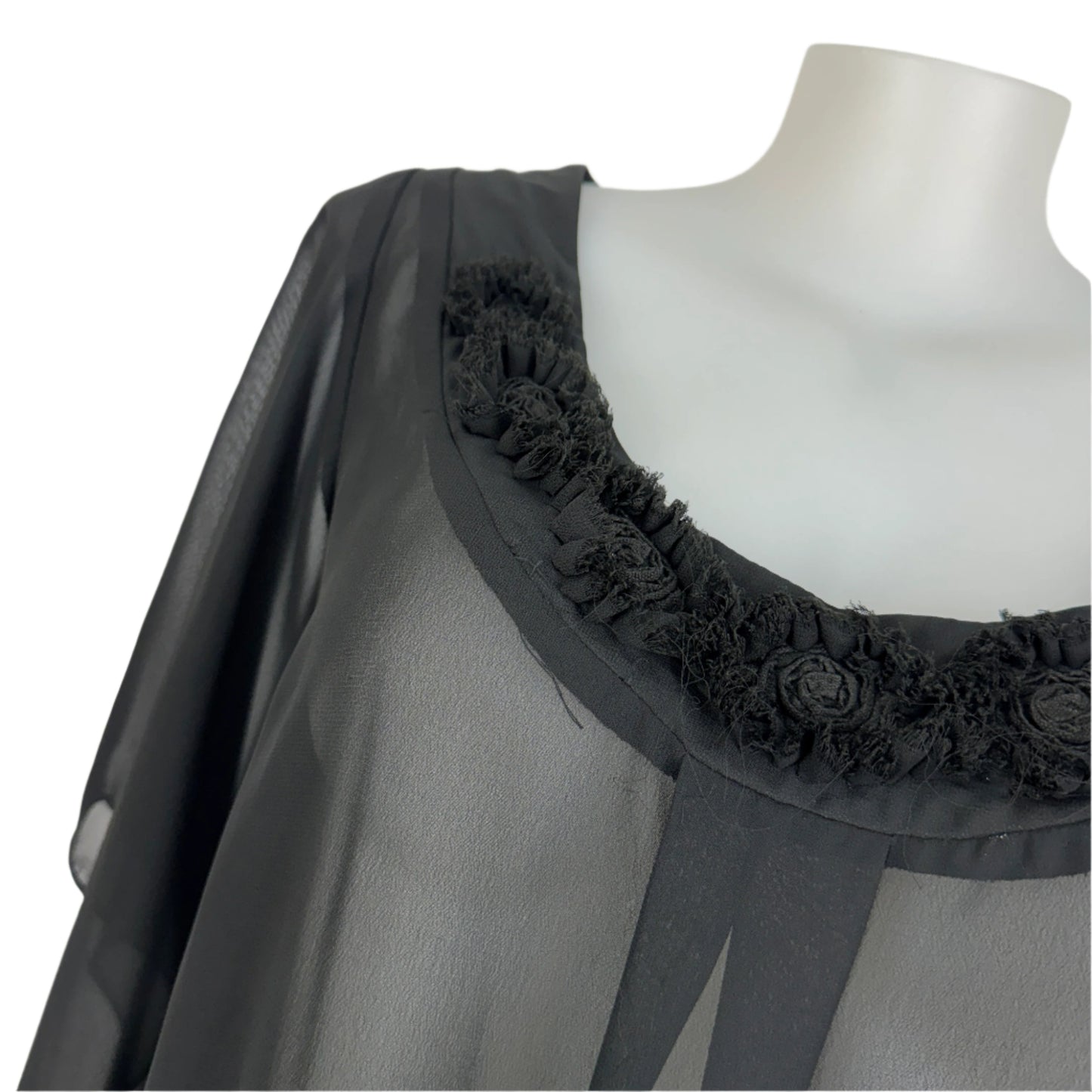 Sara Black Sheer Blouse with Rosette Detail Size 18