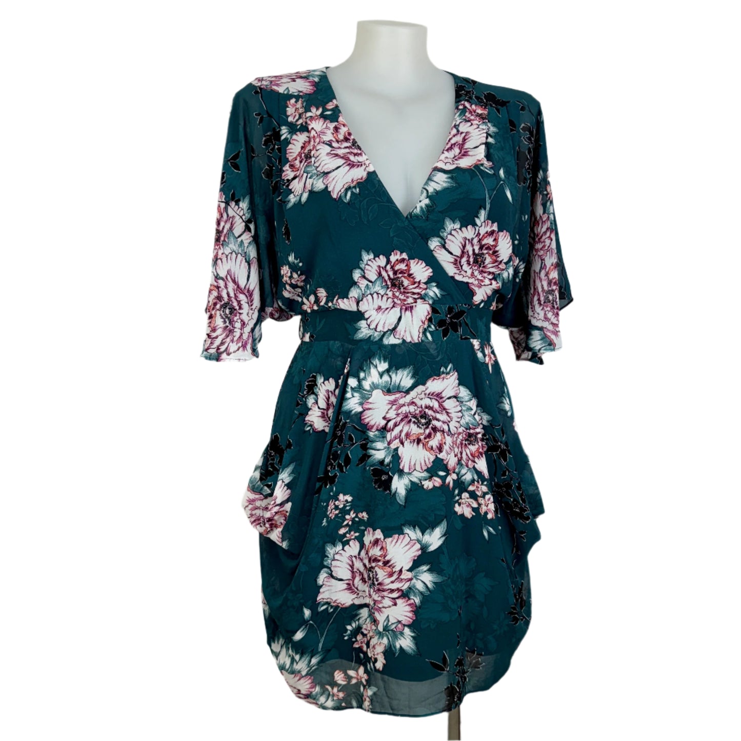 City Chic Teal Floral Wrap Dress with Draped Front Size 16