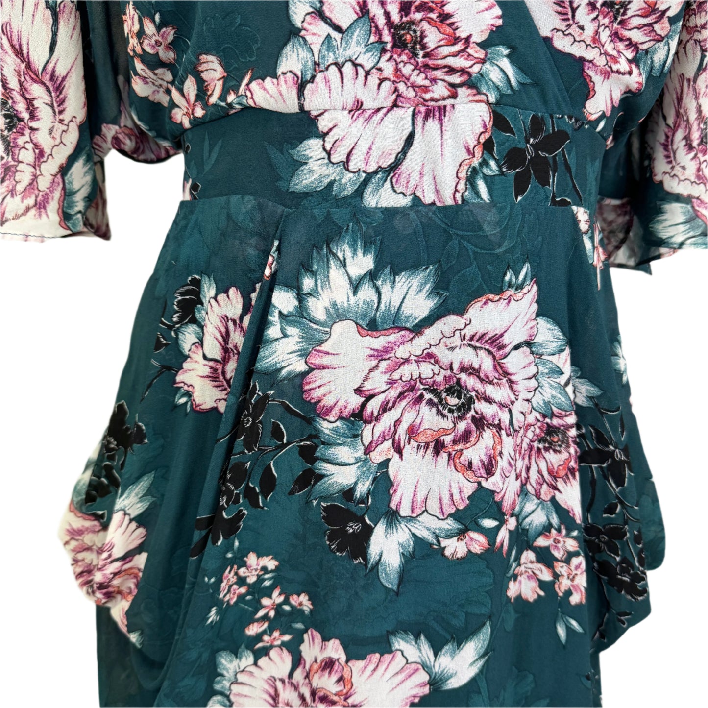 City Chic Teal Floral Wrap Dress with Draped Front Size 16