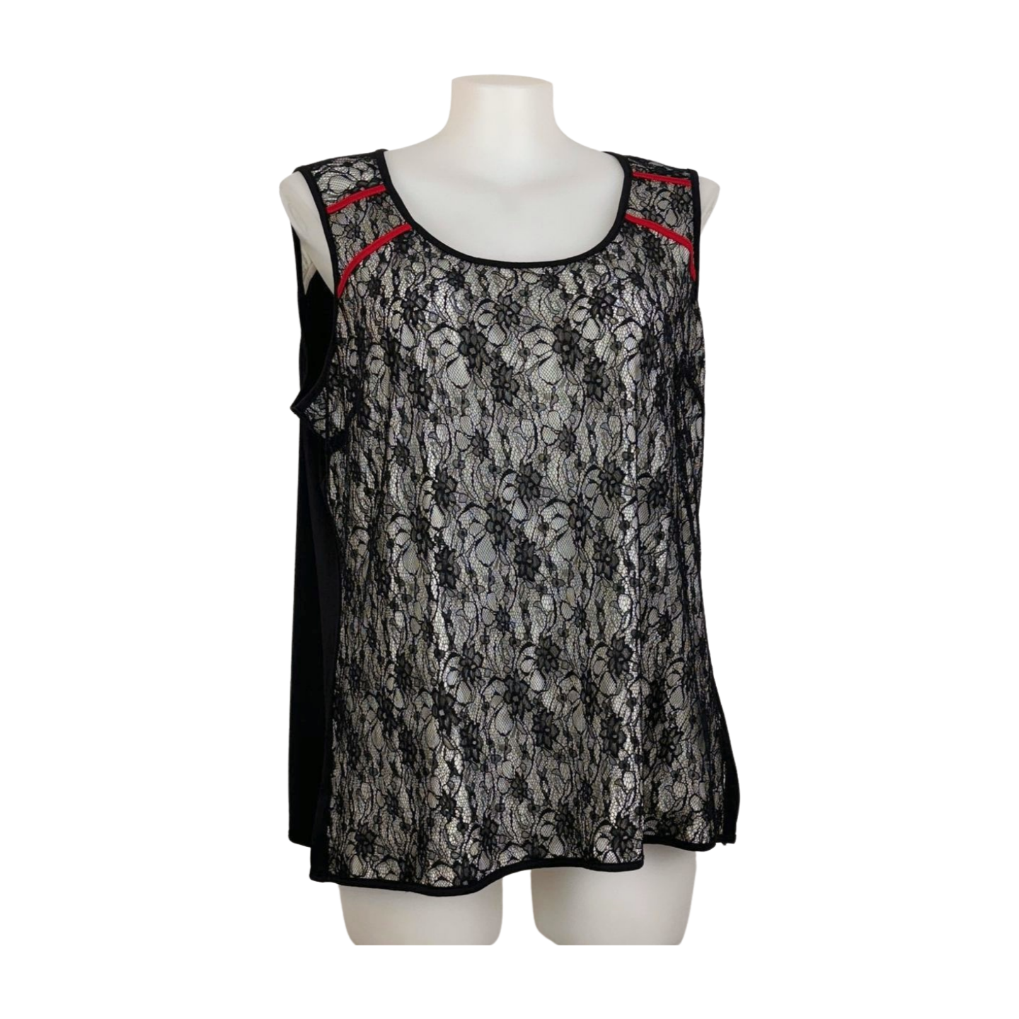 City Chic Black Lace Sleeveless Top with Red Piping Size 22