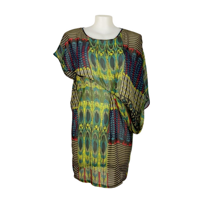 Sheer Print Asym Draped Dress Size 16