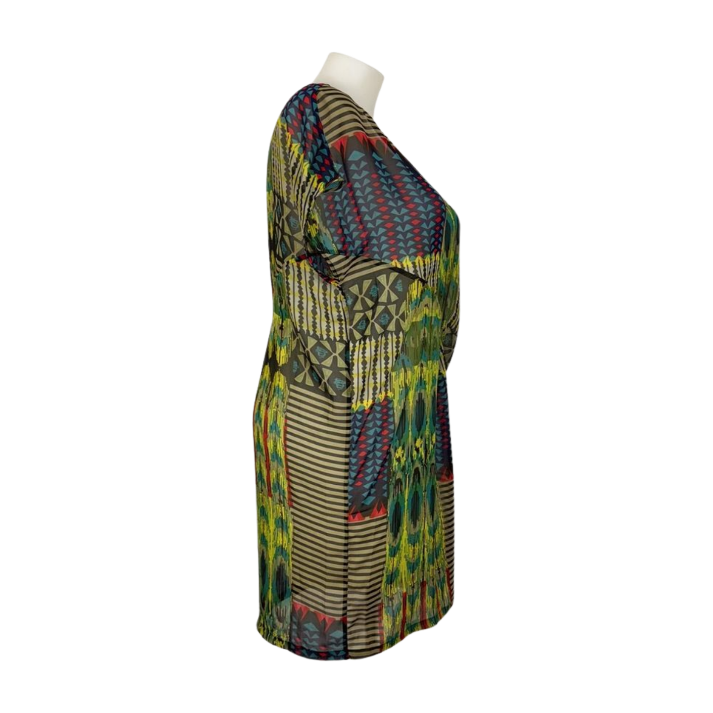 Sheer Print Asym Draped Dress Size 16