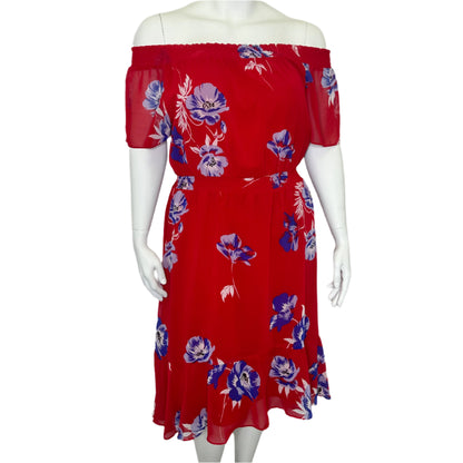 Vibrant Red Floral Dress - on or off the shoulder! Size 18
