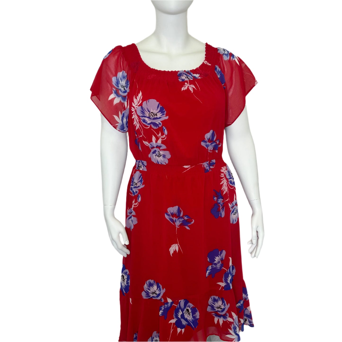 Vibrant Red Floral Dress - on or off the shoulder! Size 18