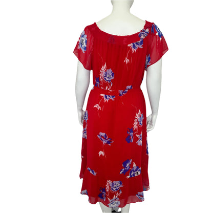 Vibrant Red Floral Dress - on or off the shoulder! Size 18