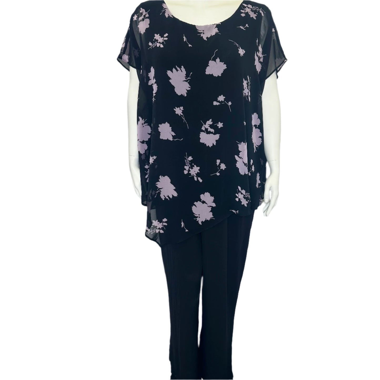 Elegant Black Jumpsuit with Lilac Floral Overlay - Size 26