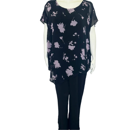 Elegant Black Jumpsuit with Lilac Floral Overlay - Size 26