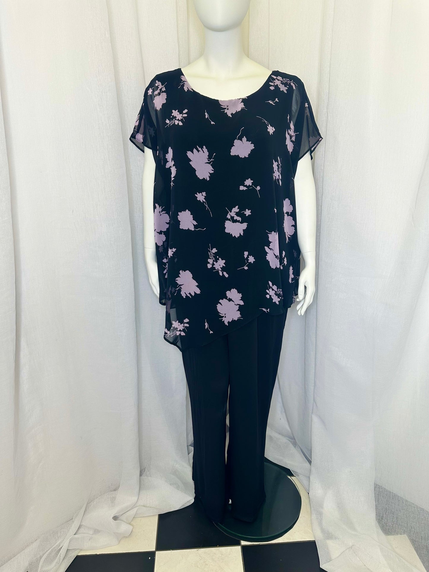 Elegant Black Jumpsuit with Lilac Floral Overlay - Size 26