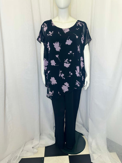 Elegant Black Jumpsuit with Lilac Floral Overlay - Size 26