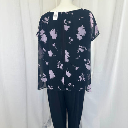Elegant Black Jumpsuit with Lilac Floral Overlay - Size 26